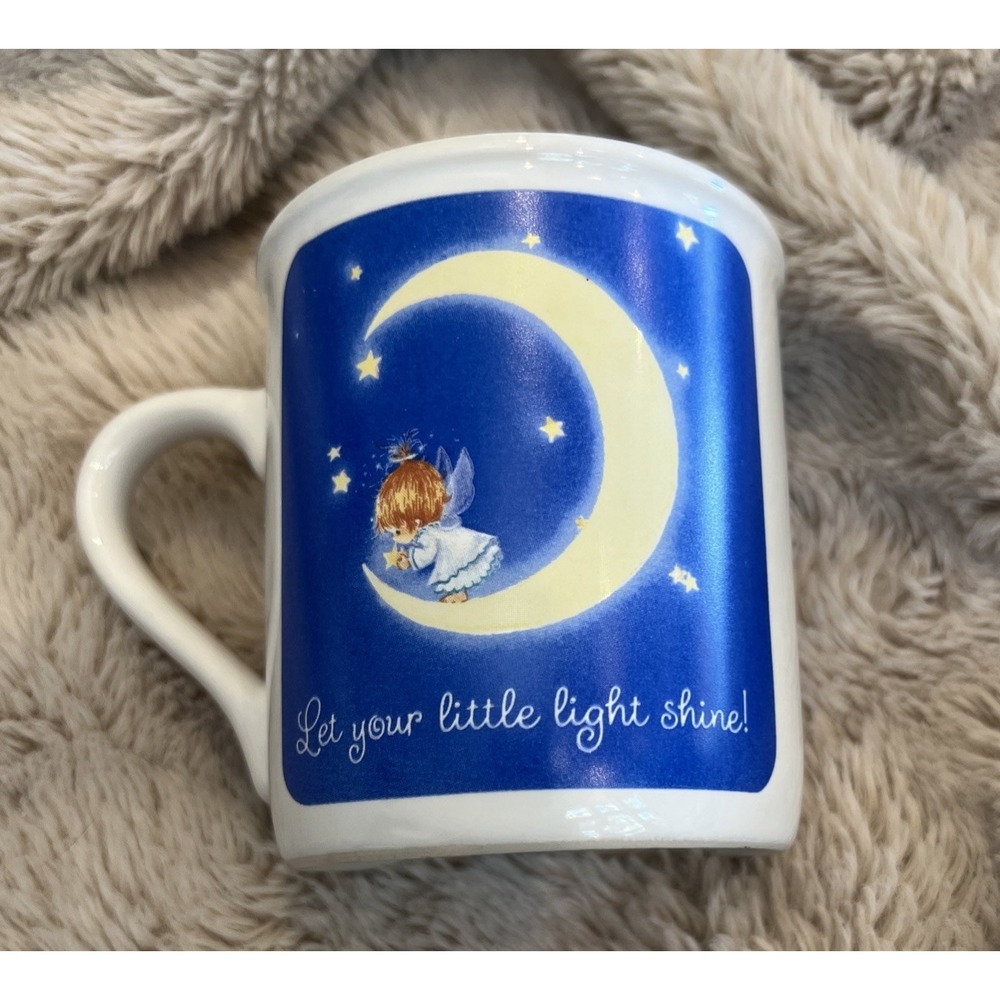Vintage 1984 Hallmark Angel Moon Mug Let Your Little Light Shine Blue White 80s